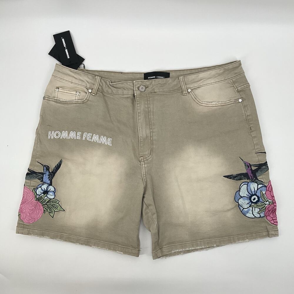 Homme + Femme Denim Shorts Sz 34 Rose Bird Embroidered Distressed Hem Streetwear